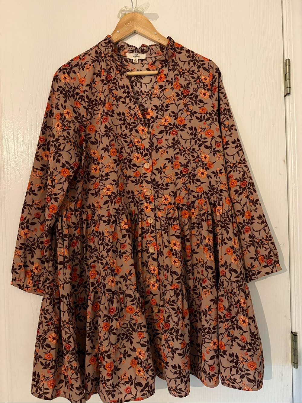 Women’s Floral Button-Front Tiered Dress - Brown with Orange Floral